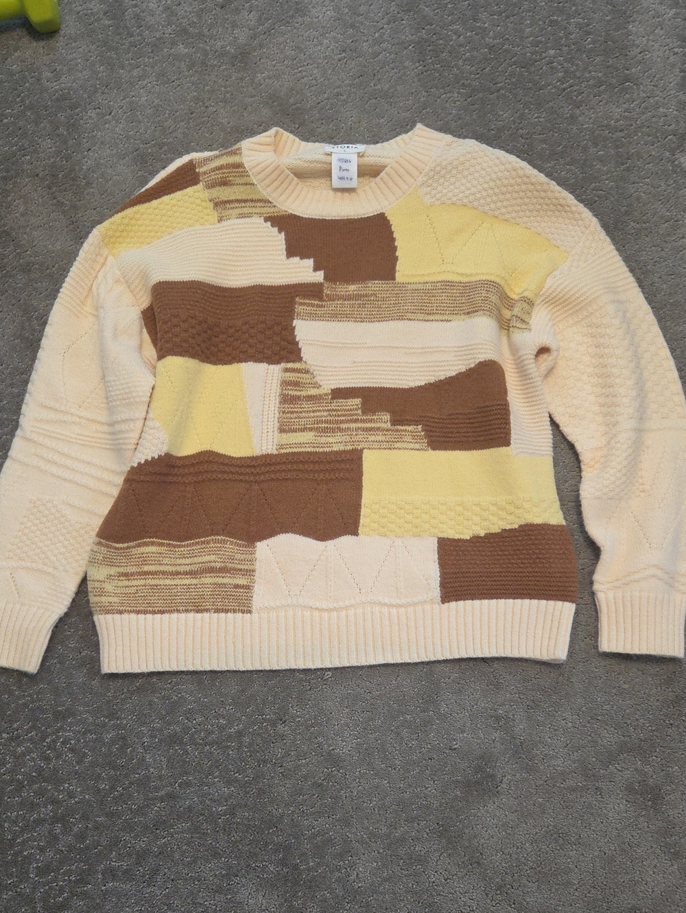 Storia Patchwork Crewneck Sweater in Cream, Yellow & Brown